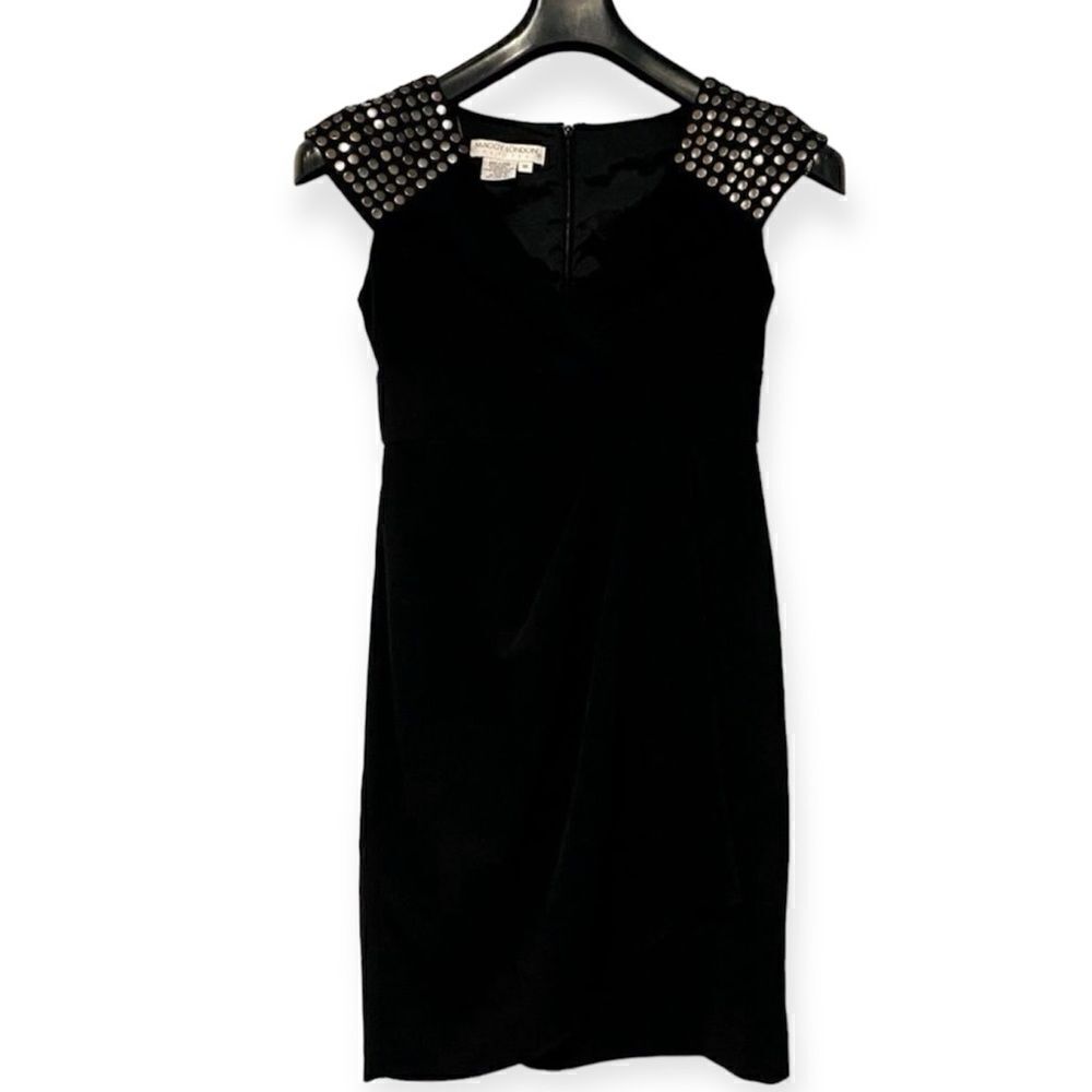 MAGGY LONDON Black Studded Faux Wrap Front Fitted Dress Size 4P